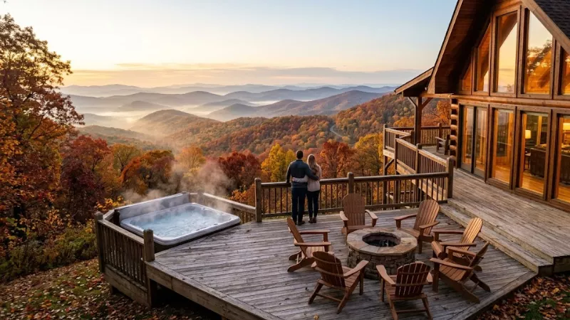 Best Cabins in Luray, VA for Shenandoah Visits (2026 Guide) 6 Couple on Black Bear Lodge deck overlooking Shenandoah Blue Ridge
Mountains and Skyline Drive in Luray Virginia during fall foliage