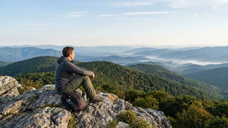 Hiker resting on rocky Stony Man summit overlook with morning views west across the Shenandoah Valley