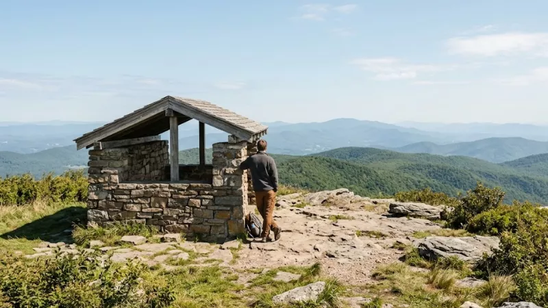 Hiker standing near the stone day-use shelter at Upper Hawksbill Summit, the highest peak in Shenandoah National Park