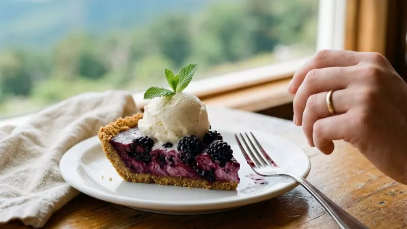 Slice of blackberry ice cream pie served at Pollock Dining Room in Skyland Resort with valley views through the window