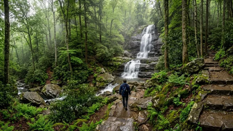 Hiker on the rocky descent trail at Dark Hollow Falls with the multi-tier cascade visible in Shenandoah National Park