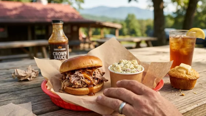 Carolina-style pulled pork sandwich with crown sauce served at Triple Crown BBQ roadside stand near Luray Caverns