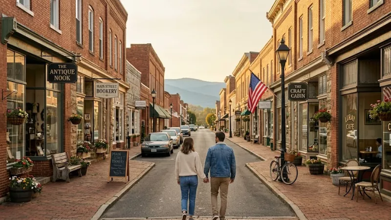 Couple walking past historic shops on Main Street in downtown Luray Virginia on a Sunday afternoon