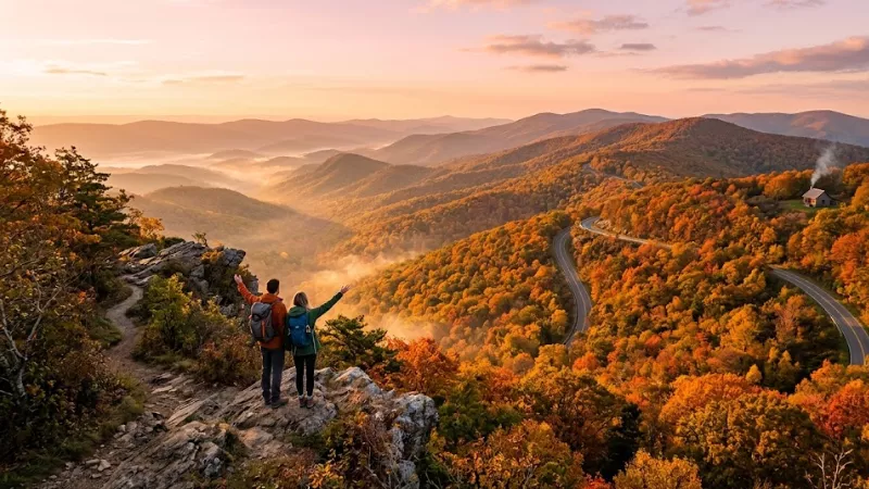 Couple hiking Skyline Drive overlook in autumn, best Shenandoah 
base near Luray Virginia