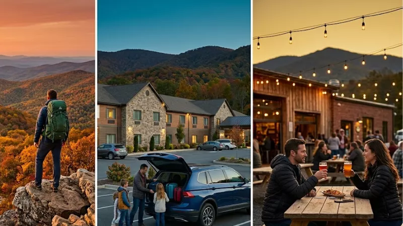Shenandoah base comparison infographic showing Luray Front Royal 
and Harrisonburg with drive times activities and best for travel style
