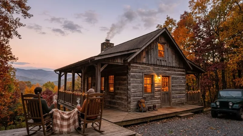 Rustic wooden cabin with warm window glow and couple on porch in 
autumn forest near Luray Virginia the best Shenandoah base for 
cabin stays