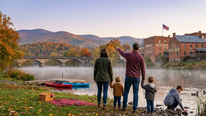 Family at the Shenandoah River forks meeting in downtown Front 
Royal Virginia with Blue Ridge Mountains the best Shenandoah base 
for DC weekenders and families