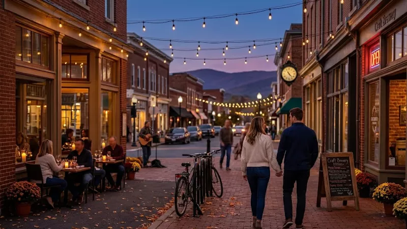 Couple walking downtown Harrisonburg Virginia at blue hour with 
brewery patios string lights and Blue Ridge Mountains the best 
Shenandoah base for foodies and longer trips