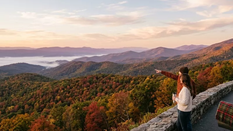 Couple at a Skyline Drive overlook near Luray VA pointing at peak fall foliage across the Blue Ridge Mountains at sunrise