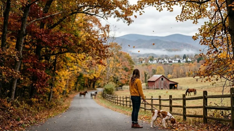 Rural country road in peak fall color near Luray VA in late October with woman walking her dog