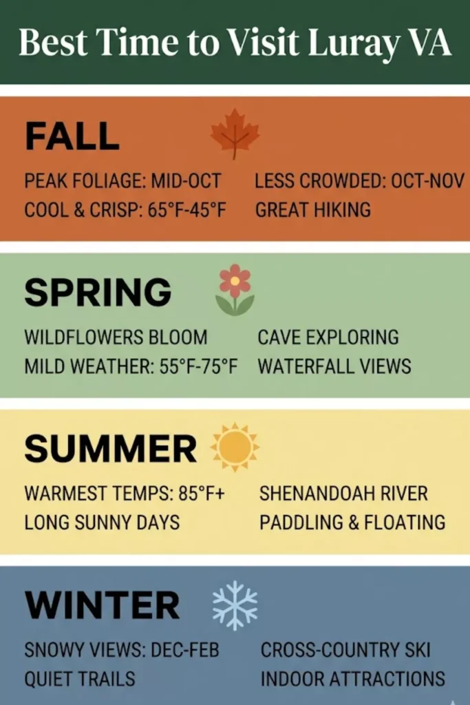 Infographic comparing the four seasons in Luray VA showing weather crowds cabin rates and the best week for each season