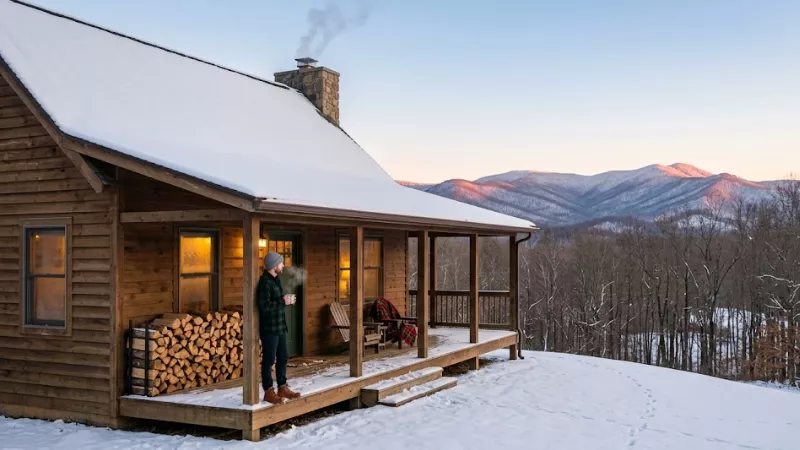 Winter in Luray VA showing a snow-covered cabin and Blue Ridge Mountains during the lowest cabin rate week of the year