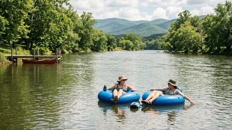 Two friends tubing on the South Fork of the Shenandoah River near Luray VA in late June with Blue Ridge Mountains in the background