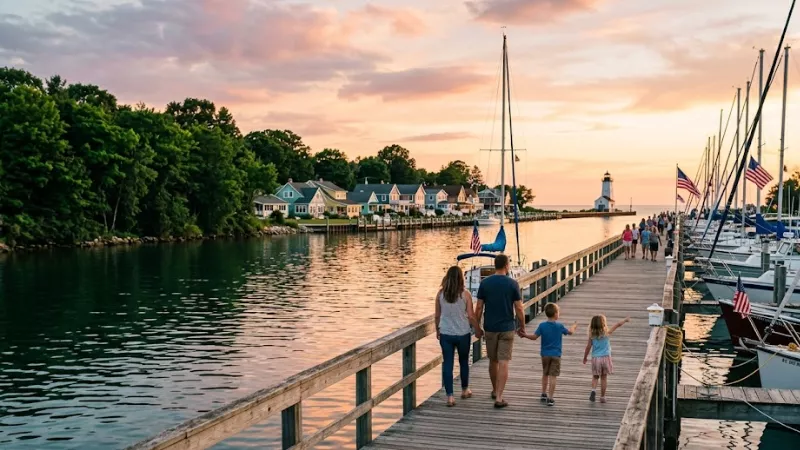Best Cottages and Rentals in Pentwater, MI: 13 Top Picks for 2026 1 Family walking along Pentwater Michigan harbor marina at sunset with sailboats