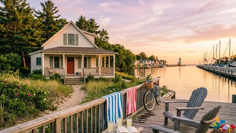 Best Cottages and Rentals in Pentwater, MI: 13 Top Picks for 2026 2 Pentwater Michigan cottage rental with porch Adirondack chairs and lake view
