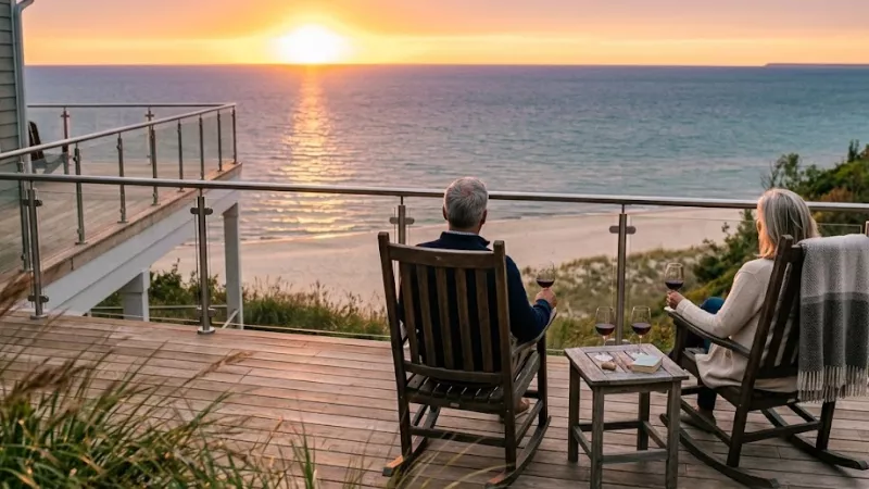 Best Cottages and Rentals in Pentwater, MI: 13 Top Picks for 2026 3 Couple watching Lake Michigan sunset from luxury cottage deck in Pentwater