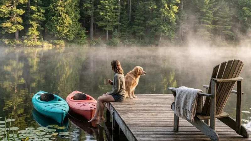Best Cottages and Rentals in Pentwater, MI: 13 Top Picks for 2026 5 Wooden dock with kayaks on Bass Lake near Pentwater Michigan cottage rentals