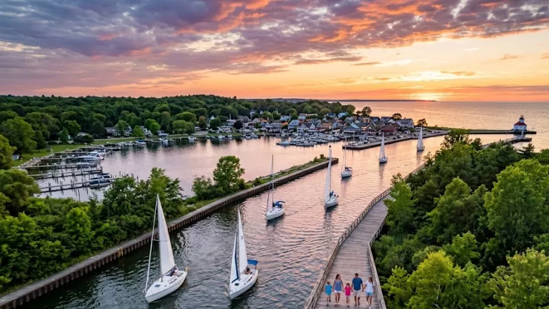 Aerial sunset view of Pentwater Michigan harbor with sailboats in the channel and a family walking on the pier