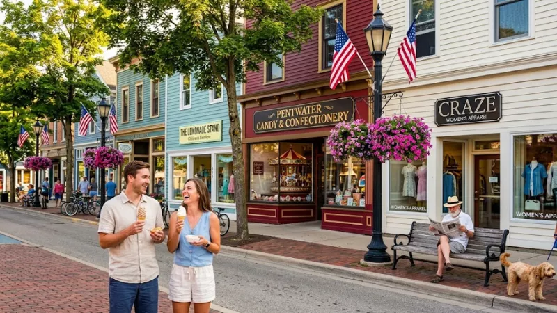 Couple eating ice cream on Hancock Street in Pentwater MI downtown with colorful shop fronts and flower baskets