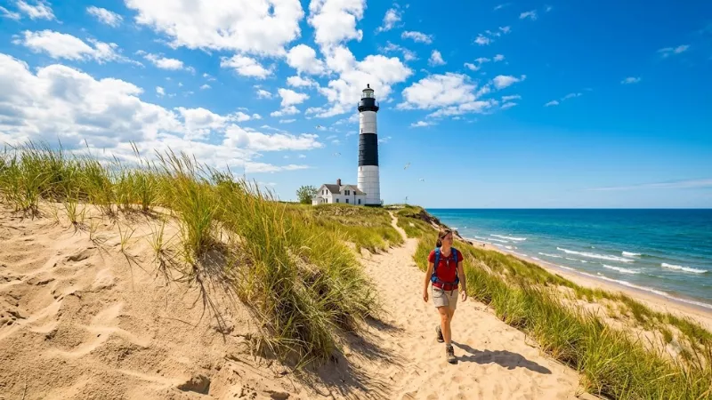 Hiker in red shirt walking toward Big Sable Point Lighthouse at Ludington State Park with sand dunes and Lake Michigan