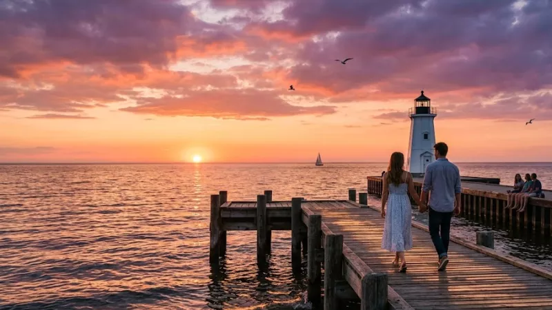 Couple walking on Pentwater pier at sunset with orange and pink sky reflecting on Lake Michigan and lighthouse silhouette
