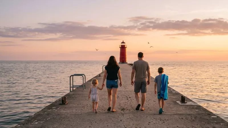 Family walking the Pentwater South Pierhead toward the red lighthouse during summer sunset