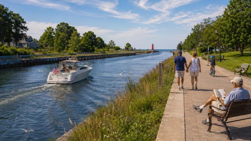 A boat passing through Pentwater channel as visitors walk the sidewalk toward Lake Michigan