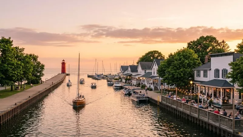 Outdoor restaurant patios along the Pentwater MI harbor channel at sunset with sailboats and red pierhead lighthouse