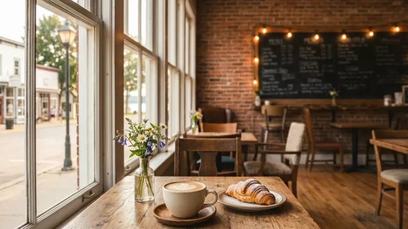 Morning coffee and pastry at a Pentwater MI breakfast cafe with rustic wooden table and natural light