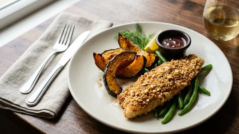 Pan-seared Cashew Walleye dinner with acorn squash and cherry butter at Gull Landing restaurant in Pentwater MI