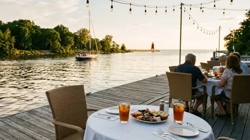 Outdoor patio dining at lakefront restaurants in Pentwater MI overlooking the harbor channel with passing sailboats