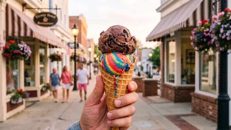 Two-scoop ice cream cone from House of Flavors on Hancock Street in downtown Pentwater MI on a summer evening