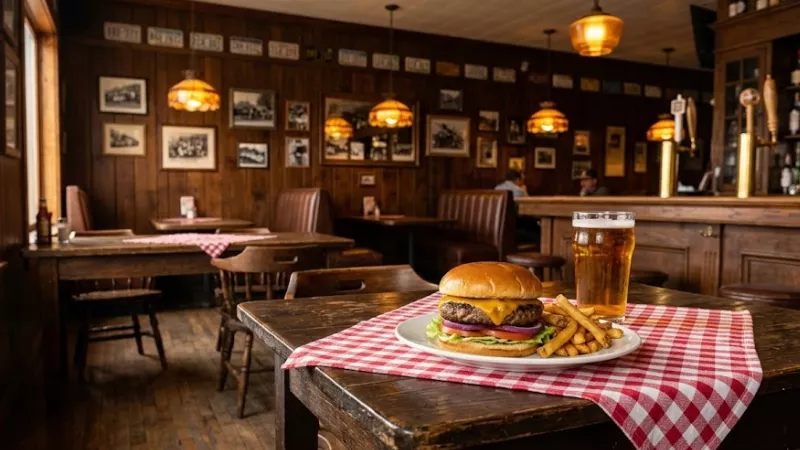 Burger and beer at The Antler Bar, one of the best year-round restaurants in Pentwater MI with a casual tavern atmosphere