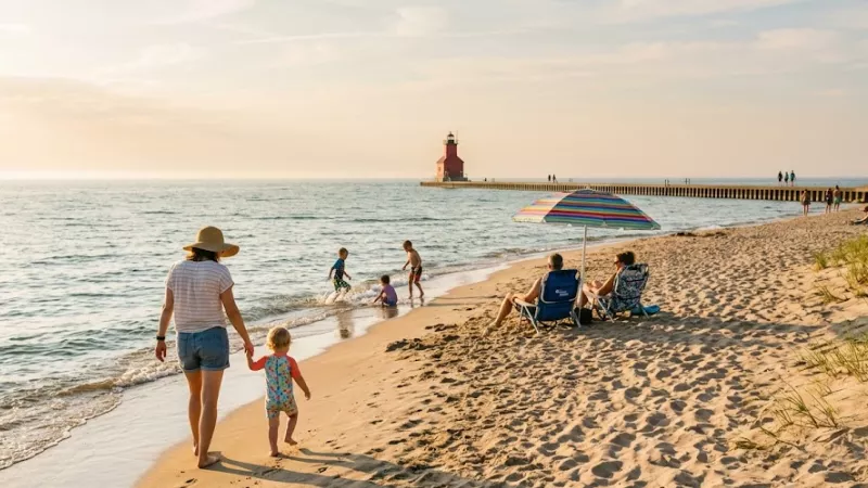 Family walking along Charles Mears State Park beach in Pentwater at golden hour with the Pentwater Pierhead Light in the distance