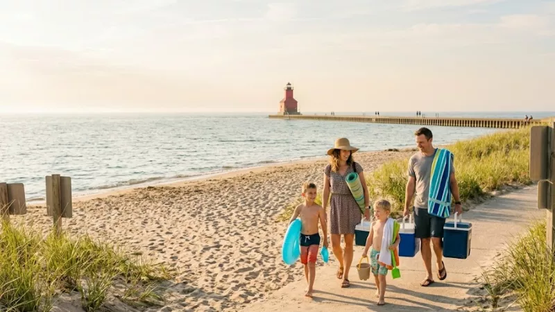 Family walking into Charles Mears State Park in Pentwater with beach gear on a summer morning