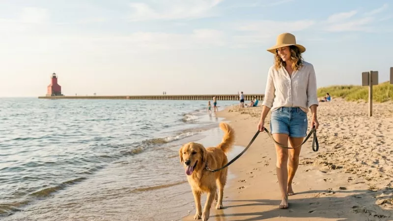 Leashed golden retriever and owner walking the dog-friendly south section of Charles Mears State Park beach in Pentwater