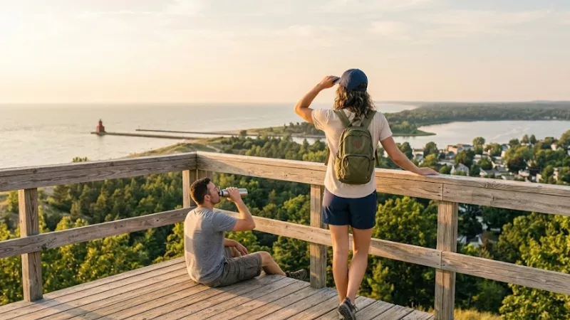 Hiker on the wooden deck at the top of Old Baldy dune in Charles Mears State Park overlooking Lake Michigan and Pentwater