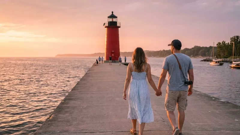 Couple walking the Pentwater North Pier toward the red pierhead lighthouse at sunset over Lake Michigan