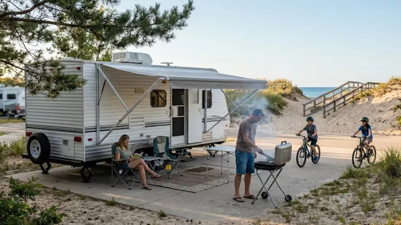 Family camping at a paved campsite in Charles Mears State Park in Pentwater with a travel trailer and Lake Michigan dune behind