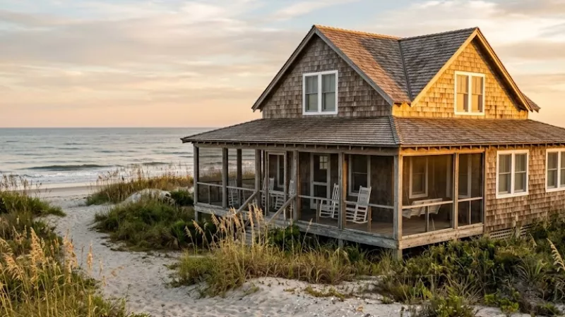 Oceanfront beach house rental in Pawleys Island South Carolina with wraparound porch and sea oats at golden hour