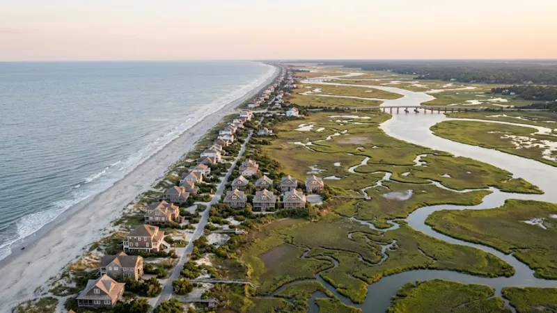 Aerial view of Pawleys Island SC showing North End, Mid-Island, Birds Nest, and South End zones with beach houses and salt marsh creek