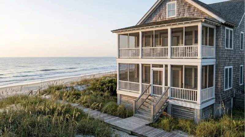 Pawleys Island oceanfront rental with double screened porches and private boardwalk to the beach