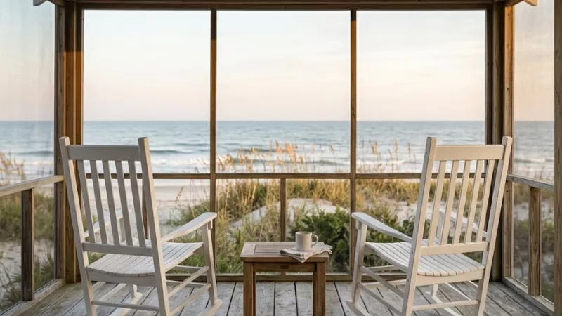 Screened porch view from a Pawleys Island beach house rental overlooking the Atlantic Ocean