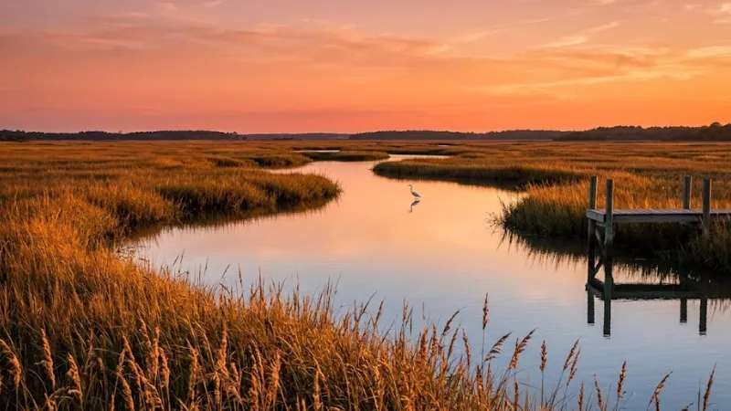 Sunset over the salt marsh creek behind Pawleys Island vacation rentals with wooden dock