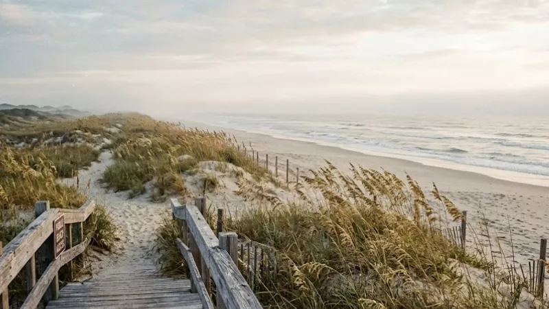 Early morning empty beach path through sea oats on Pawleys Island South Carolina with ocean mist and no crowds