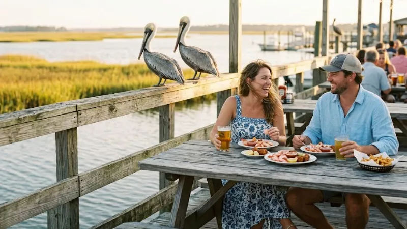 Waterfront seafood dining at Murrells Inlet South Carolina with dock views and golden hour light