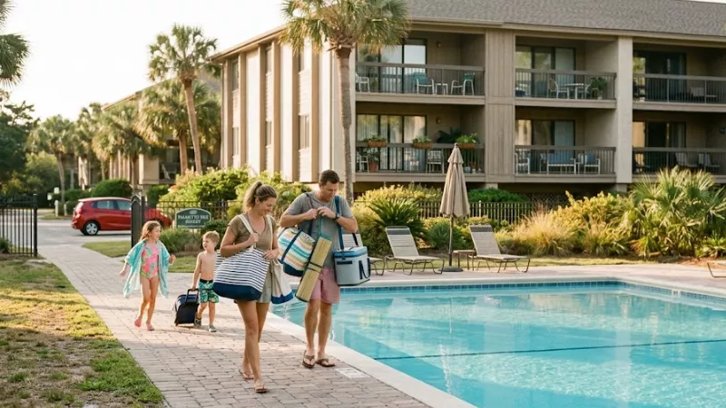 
Family arriving at Litchfield Beach and Golf Resort Pawleys Island South Carolina with outdoor pool and low-rise condos