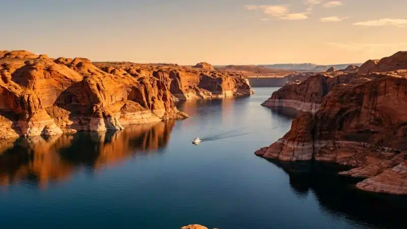 Lake Powell near Page Arizona with red canyon walls and blue water