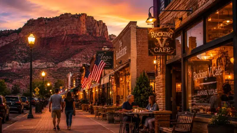Kanab Utah Center Street restaurants at dusk with red rock cliffs in background