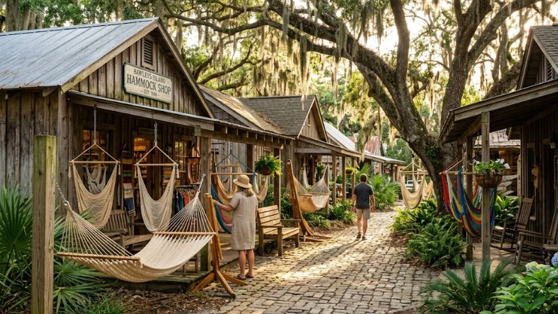 Weekend in Pawleys Island: A Real 2-Day Plan 3 Rustic storefronts and rope hammocks under live oaks at the Hammock Shops Village in Pawleys Island